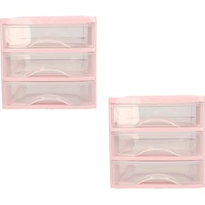 Plasticforte ladeblokje/bureau organizer - 2x - 3 lades - transparant/roze - L18 x B21 x H17 cm