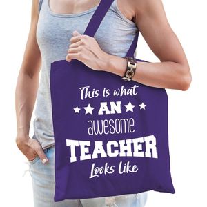 Cadeau tas voor juffen - katoen - 42 x 38 cm - paars - This is what an awesome teacher looks like - Feest Boodschappentassen