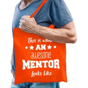 Cadeau tas voor mentor - katoen - 42 x 38 cm - oranje - This is what an awesome mentor looks like - Feest Boodschappentassen