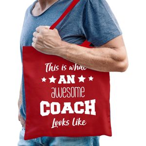 Cadeau tas voor coaches - katoen - 42 x 38 cm - rood - This is what an awesome coach looks like - Feest Boodschappentassen
