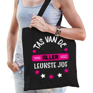 Cadeau tas voor juf - zwart/fuchsia roze - katoen - 42 x 38 cm - Tas van de aller leukste juf - Feest Boodschappentassen