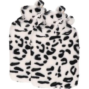Warmwaterkruik - 2x - met zachte dierenprint hoes - wit/zwart - 1,75L - kruik - Kruiken