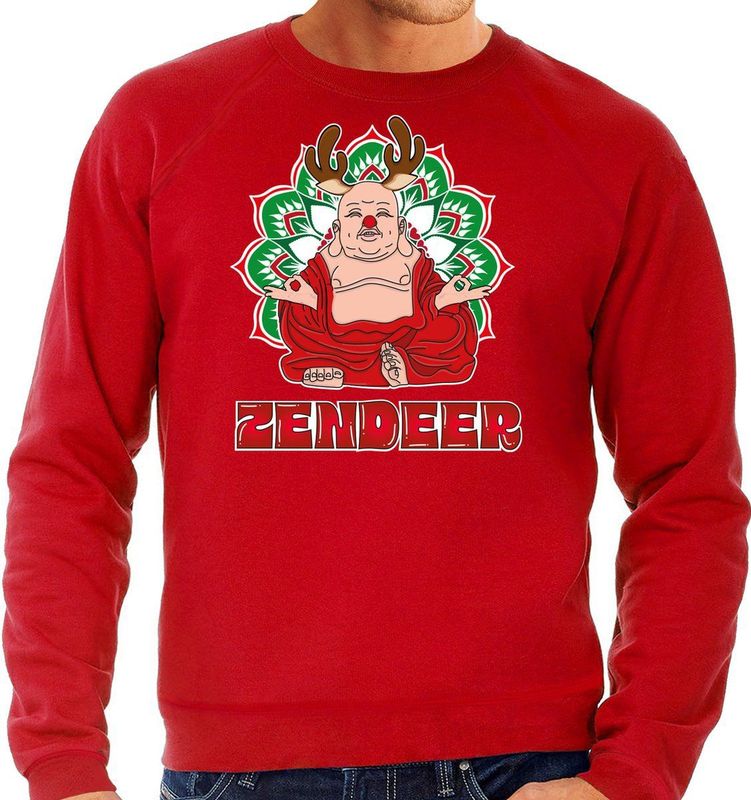 Bellatio Decorations - Foute Kersttrui - Rood - Zendeer Buddha - Heren