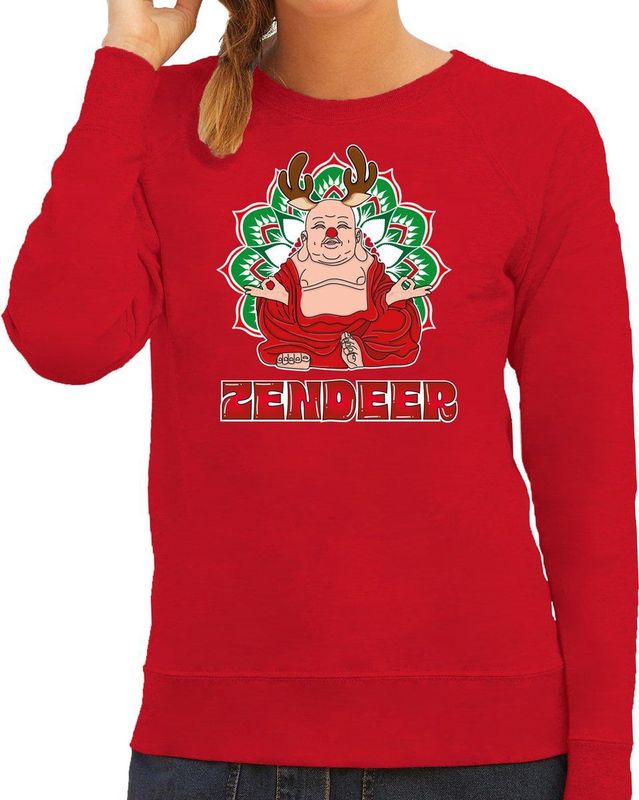 Bellatio Decorations - Foute Kersttrui - Rood - Zendeer Buddha - Dames