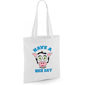 Bellatio Decorations schoudertas meisjes - koe - wit - have a nice day - 42 x 38 cm - shopper