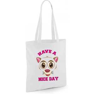 Schoudertas meisjes - kat/poes - wit - have a nice day - 42 x 38 cm - shopper/tote bag