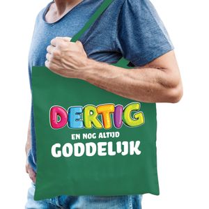 Cadeau tas 30 jaar - dertig en goddelijk - heren - groen - katoen - 42 x 38 cm - Feest Boodschappentassen