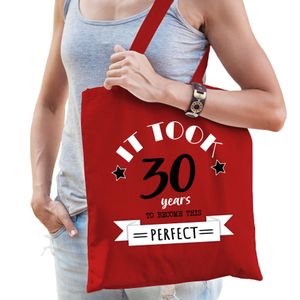 Cadeau tas voor dames - 30 en perfect - rood - katoen - 42 x 38 cm - dertig - shopper - Feest Boodschappentassen