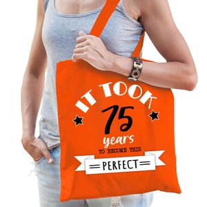 Cadeau tas voor dames - 75 en perfect - oranje - katoen - 42 x 38 cm - vijfenzeventig - shopper - Feest Boodschappentassen