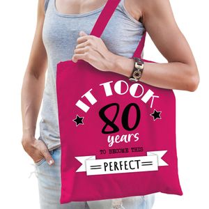 Cadeau tas voor dames - 80 en perfect - fuchsia roze - katoen - 42 x 38 cm - tachtig - shopper