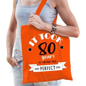 Cadeau tas voor dames - 80 en perfect - oranje - katoen - 42 x 38 cm - tachtig - shopper - Feest Boodschappentassen