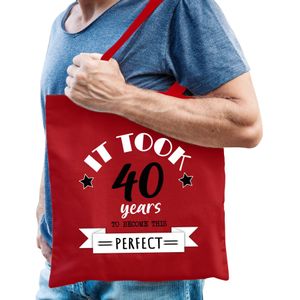Cadeau tas voor heren - 40 en perfect - rood - katoen - 42 x 38 cm - veertig - shopper - Feest Boodschappentassen