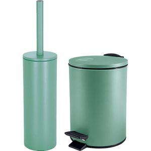Spirella Badkamer/toilet accessoires set - WC-borstel en pedaalemmer 3L - metaal - salie groen
