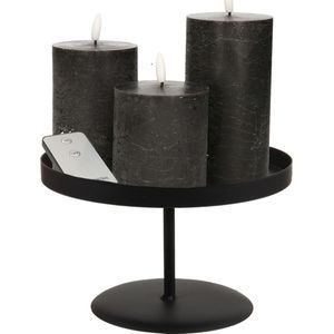 LED kaarsen - 3x st - zwart - met zwart rond dienblad/kaarsenbord 22 cm - metaal