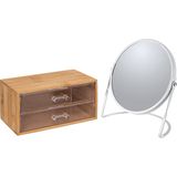 5Five Make-up organizer en spiegel set - 2 lades - bamboe/kunststof - 5x zoom spiegel