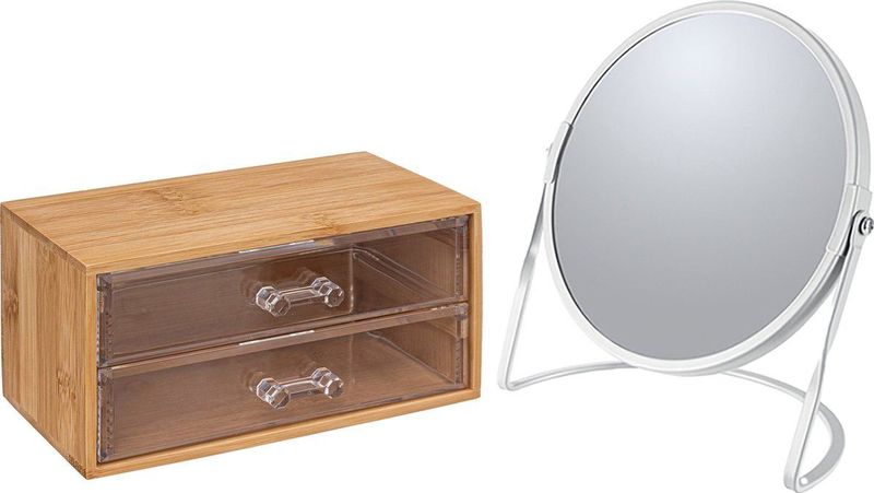 5Five Make-up organizer en spiegel set - 2 lades - bamboe/kunststof - 5x zoom spiegel