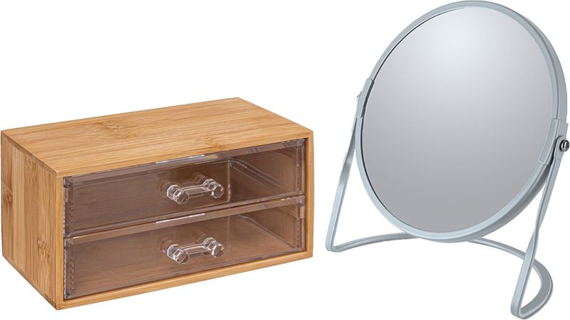 5Five Make-up organizer en spiegel set - 2 lades - bamboe/kunststof - 5x zoom spiegel