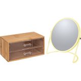 5Five Make-up organizer en spiegel set - 2 lades - bamboe/kunststof - 5x zoom spiegel