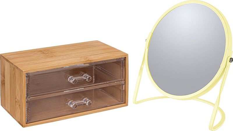 5Five Make-up organizer en spiegel set - 2 lades - bamboe/kunststof - 5x zoom spiegel