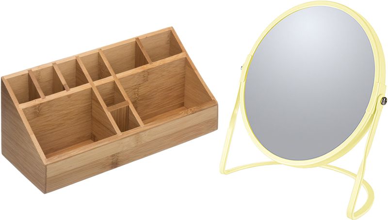 5Five Make-up organizer en spiegel set - 10x vakjes - bamboe/metaal - 5x zoom spiegel - geel/zilver
