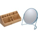 5Five Make-up organizer en spiegel set - 10x vakjes - bamboe/metaal - 5x zoom spiegel - blauw/zilver
