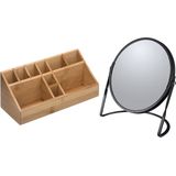 5Five Make-up organizer en spiegel set - 10x vakjes - bamboe/metaal - 5x zoom spiegel - zwart/bruin