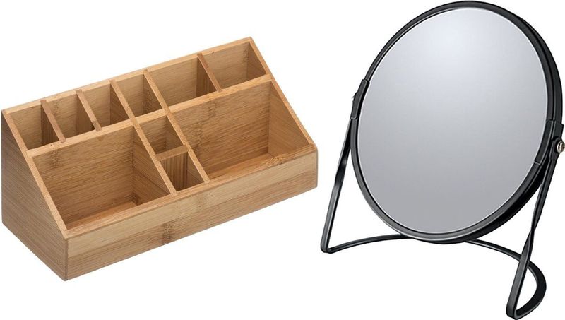 5Five Make-up organizer en spiegel set - 10x vakjes - bamboe/metaal - 5x zoom spiegel - zwart/bruin