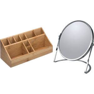 5Five Make-up organizer en spiegel set - 10x vakjes - bamboe/metaal - 5x zoom spiegel - zilver/bruin