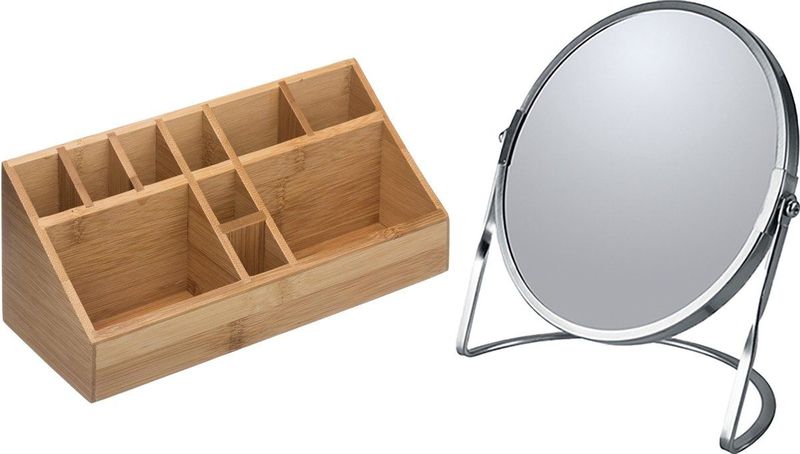 5Five Make-up organizer en spiegel set - 10x vakjes - bamboe/metaal - 5x zoom spiegel - zilver/bruin