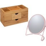 5Five Make-up organizer en spiegel set - lades/vakjes - bamboe/metaal - 5x zoom spiegel - roze/bruin
