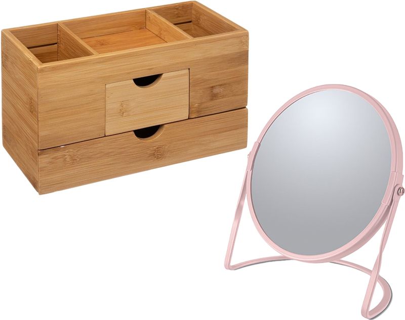 5Five Make-up organizer en spiegel set - lades/vakjes - bamboe/metaal - 5x zoom spiegel - roze/bruin