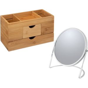 5Five Make-up organizer en spiegel set - lades/vakjes - bamboe/metaal - 5x zoom spiegel - wit/bruin
