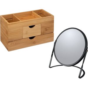 5Five Make-up organizer en spiegel set - lades/vakjes - bamboe/metaal - 5x zoom spiegel - zwart/bruin