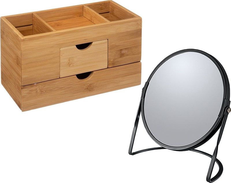 5Five Make-up organizer en spiegel set - lades/vakjes - bamboe/metaal - 5x zoom spiegel - zwart/bruin