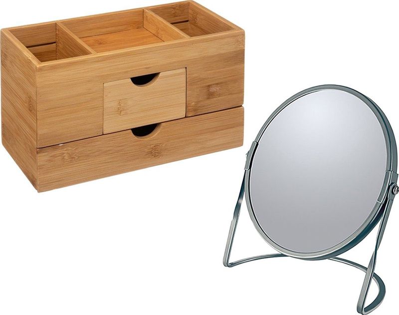 5Five Make-up organizer en spiegel set - lades/vakjes - bamboe/metaal - 5x zoom spiegel - grijs/bruin