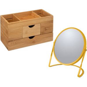 5Five Make-up organizer en spiegel set - lades/vakjes - bamboe/metaal - 5x zoom spiegel - geel/bruin