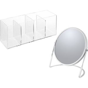 Spirella Make-up organizer en spiegel set - 4 vakjes - plastic/metaal - 5x zoom spiegel - wit/transparant