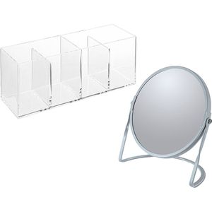 Spirella Make-up organizer en spiegel set - 4 vakjes - plastic/metaal - 5x zoom spiegel - blauw/transparant