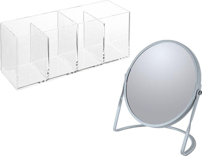 Spirella Make-up organizer en spiegel set - 4 vakjes - plastic/metaal - 5x zoom spiegel - blauw/transparant