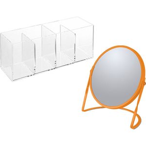 Spirella Make-up organizer en spiegel set - 4 vakjes - plastic/metaal - 5x zoom spiegel - oranje/transparant