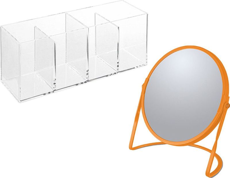 Spirella Make-up organizer en spiegel set - 4 vakjes - plastic/metaal - 5x zoom spiegel - oranje/transparant