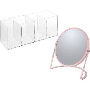 Spirella Make-up organizer en spiegel set - 4 vakjes - plastic/metaal - 5x zoom spiegel - roze/transparant