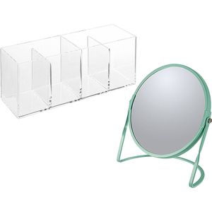 Spirella Make-up organizer en spiegel set - 4 vakjes - plastic/metaal - 5x zoom spiegel - groen/transparant