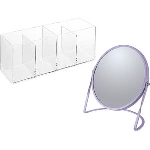 Spirella Make-up organizer en spiegel set - 4 vakjes - plastic/metaal - 5x zoom spiegel - paars/transparant