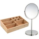 MSV Make-up organizer 9 vaks en luxe spiegel set - 33 x 21 cm - bamboe/metaal - bruin/zilver