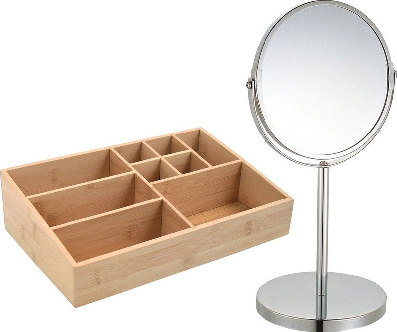 MSV Make-up organizer 9 vaks en luxe spiegel set - 33 x 21 cm - bamboe/metaal - bruin/zilver