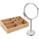 MSV Make-up organizer 9 vaks en luxe spiegel set - 33 x 21 cm - bamboe/metaal - bruin/zilver