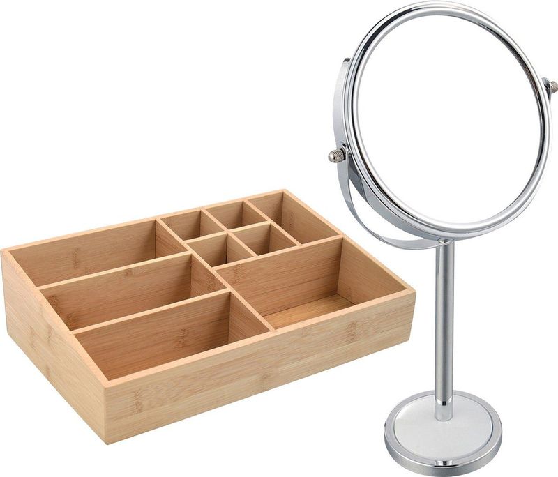 MSV Make-up organizer 9 vaks en luxe spiegel set - 33 x 21 cm - bamboe/metaal - bruin/zilver