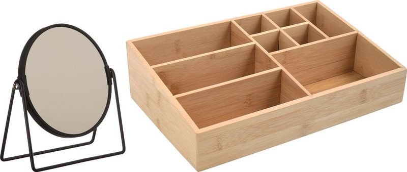 MSV Make-up organizer 9 vaks en luxe spiegel set - 33 x 21 cm - bamboe/metaal - bruin/zwart