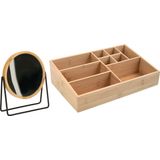 MSV Make-up organizer 9 vaks en luxe spiegel set - 33 x 21 cm - bamboe/metaal - zwart/bruin